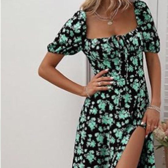 Women Boho Short Sleeve Dress Square Neck Knot Front Slit Thigh Dress L - Picture 2 of 7